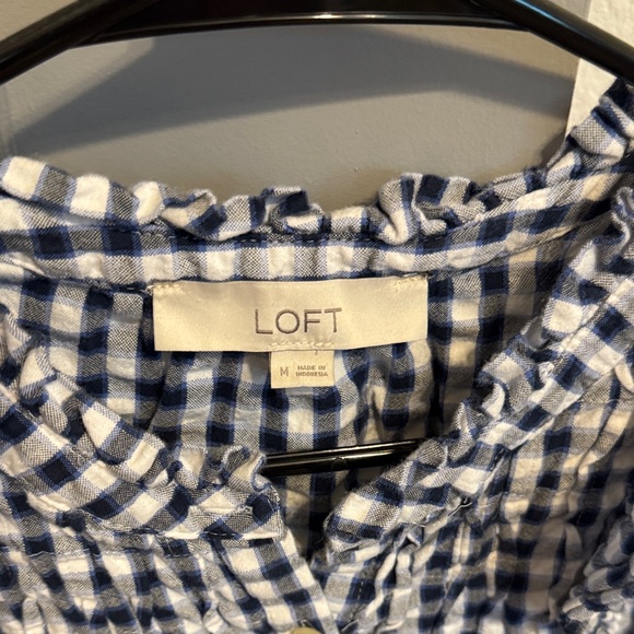 LOFT Navy & White Gingham Ruffle Button-Up Shell - Picture 2 of 2